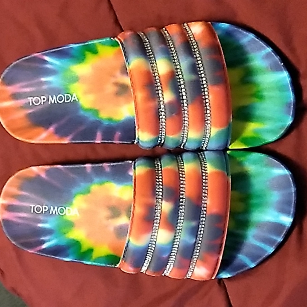 Top Moda Rainbow tie dye and rhinestone slides